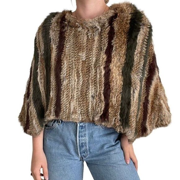NWOT BNCI Womens Rabbit Angora Soft Striped Fur Poncho Coat Sz S - Picture 3 of 8